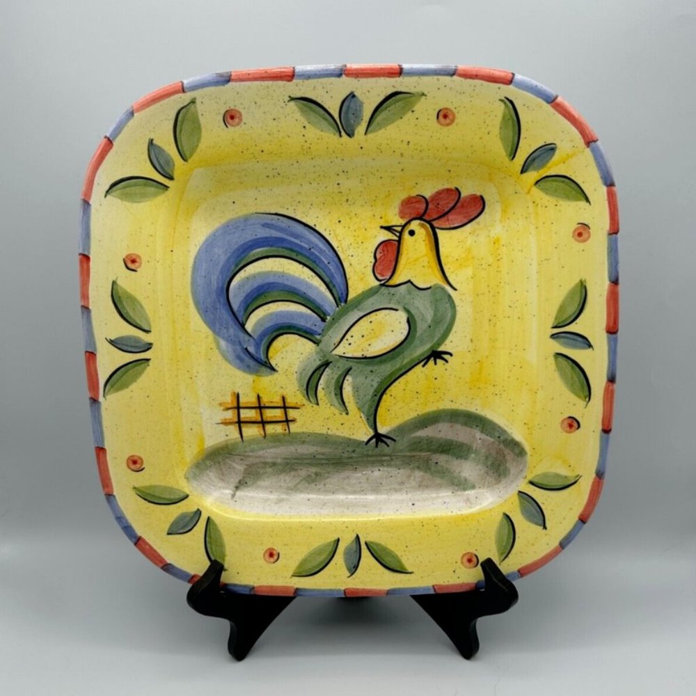 Bella Ceramica Square Dinner Plate 11 in. Rooster Collection Art Yellow Blue